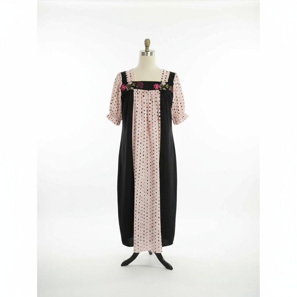 Boho Polka Dot & Floral Embroidered Peasant Dress – Size Large, Cottagecore